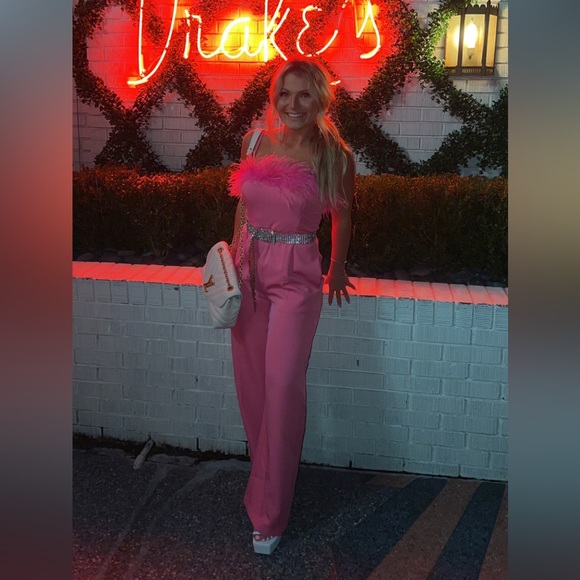 Pink feather trim jumpsuit - Picture 2 of 8